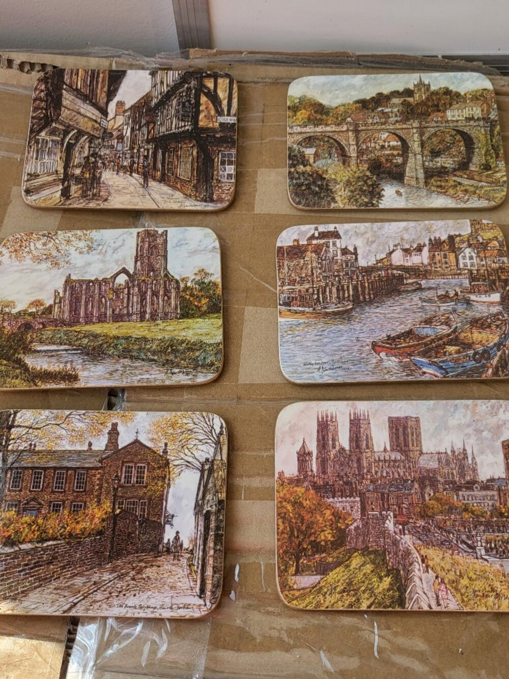 Set of 6 VTG Clover Leaf Cork Coasters Yorkshire UK Landmarks #MG13 EUC BIN I